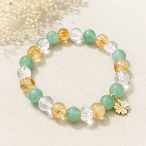 Golden Luck natural stone bracelet with green, golden-yellow and clear beads and gold four-leaf clover charm