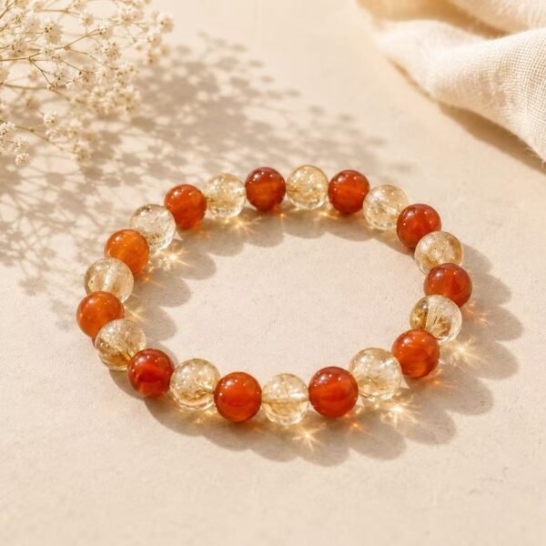 Golden Sunset natural stone bracelet with orange, red and golden-clear gemstone beads