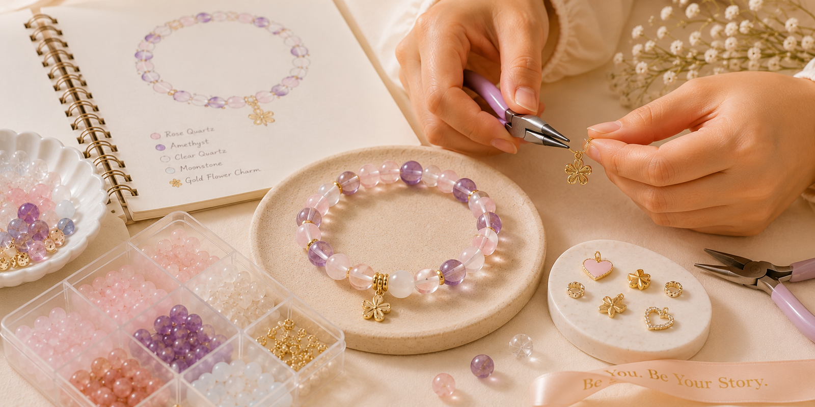 Hands attaching a gold charm to a pastel crystal bracelet with jewelry-making tools