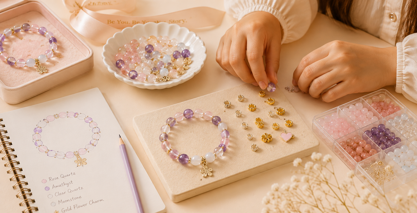 Hands selecting pastel crystal beads while creating a personalized bracelet
