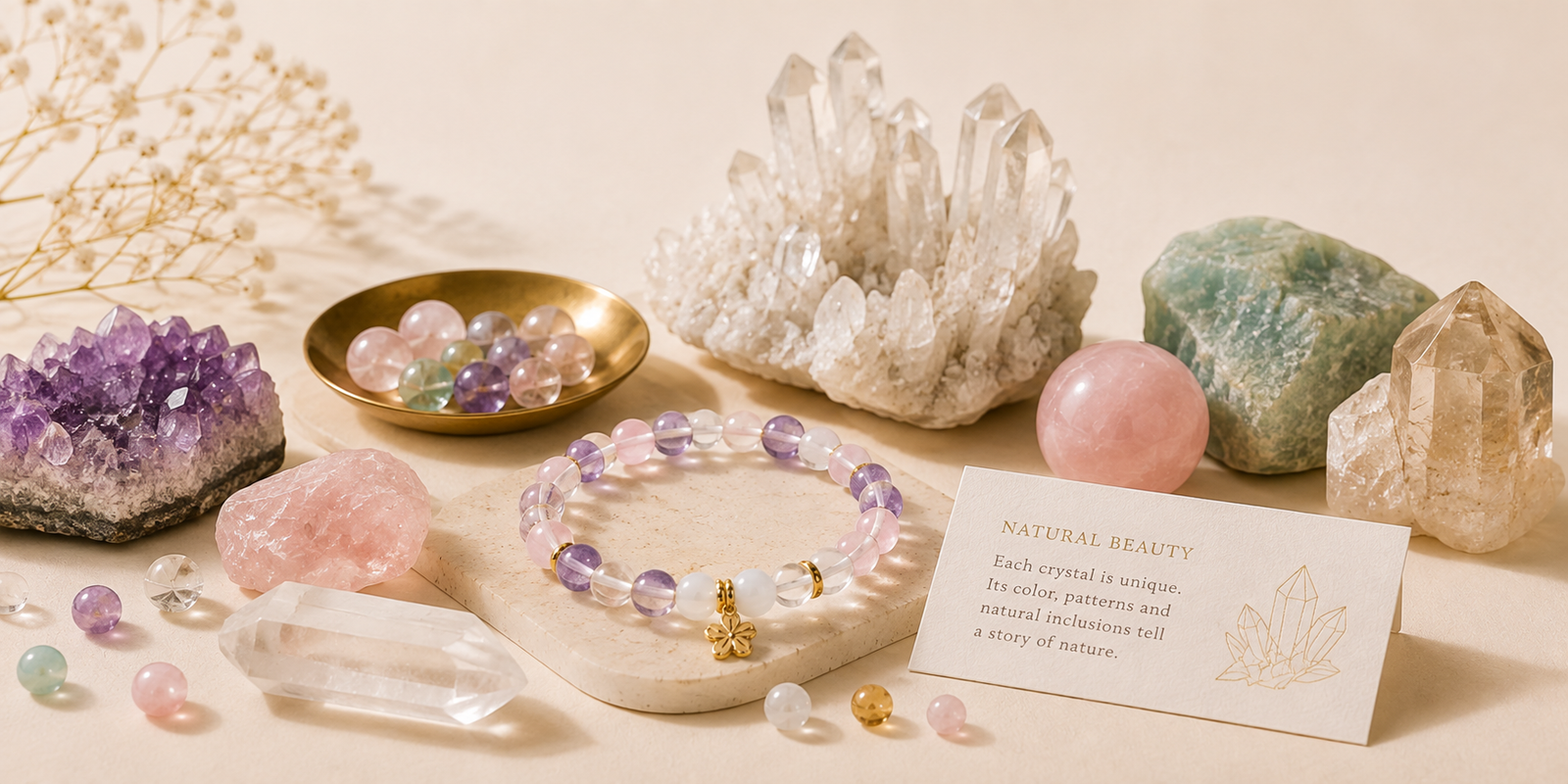 Pastel crystal bracelet surrounded by natural quartz, amethyst and rose quartz crystals